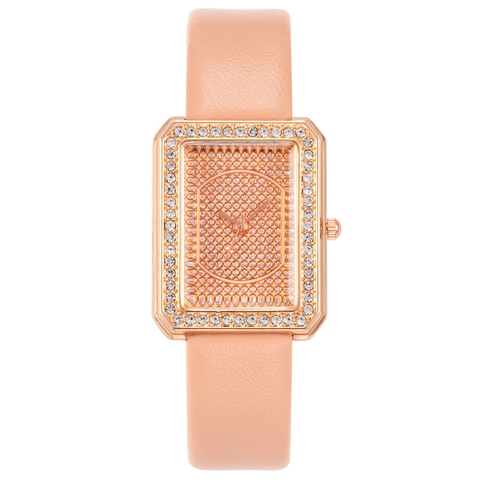 Orologio Al Quarzo Da Donna Cassa Rettangolare In Lega Oro Rosa Lunetta Con Strass Cinturino In Pelle Elegante
