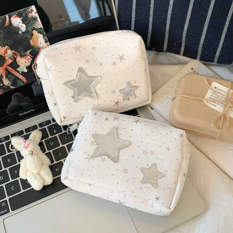 Star Pattern Makeup Bag Fabric Portable Cosmetic Pouch Travel Storage Organizer Korean Style Ins White Silver Stars Zippered