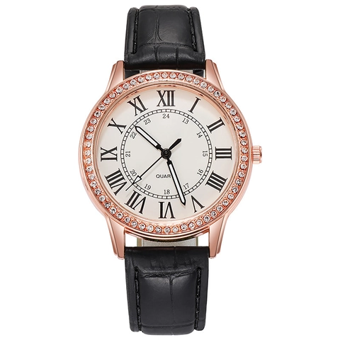 Dames Quartz Horloge Elegant Strass Bezel Romeinse Cijfers Legering Kast Krokodillenpatroon Leren Band Casual