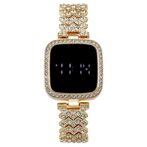 Orologio Digitale A LED Da Donna Quadrato Cassa In Lega Con Strass Cinturino In Acciaio Inossidabile Touch Screen Lusso