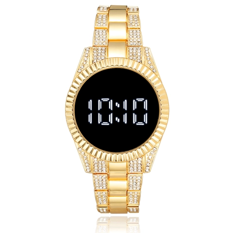 Women Digital Watch Luxury Full Rhinestone Encrusted Alloy Stainless Steel Strap LED Display Fashion Bracelet Style