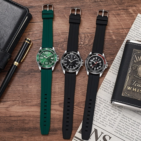 Reloj De Cuarzo Para Hombre Estilo Buceo Bisel Giratorio Calendario Lupa Correa Silicona Caja Metal Escalas Luminosas