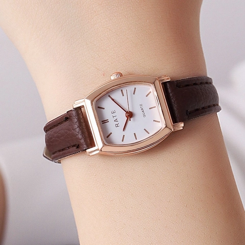 Womens Quartz Watch Simple Vintage Tonneau Alloy Case PU Leather Strap Minimalist Wristwatch For Ladies