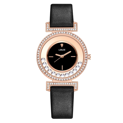 Women Quartz Watch Alloy Case PU Leather Strap Floating Rhinestones Round Analog Dial Elegant Fashion Casual