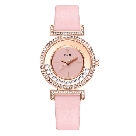 Women Quartz Watch Alloy Case PU Leather Strap Floating Rhinestones Round Analog Dial Elegant Fashion Casual