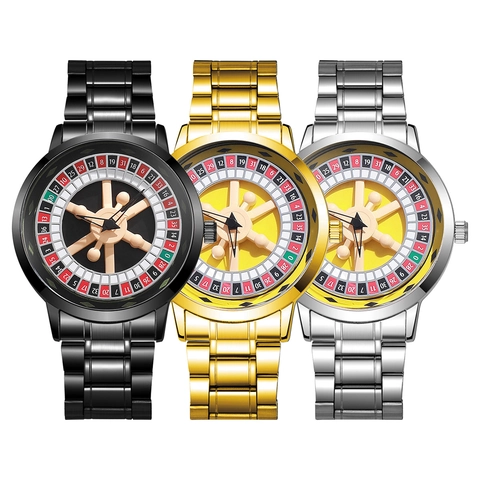 Orologio Al Quarzo Da Uomo Con Design Ruota Della Roulette Quadrante Rotante Cinturino In Acciaio Inossidabile Stile Casino