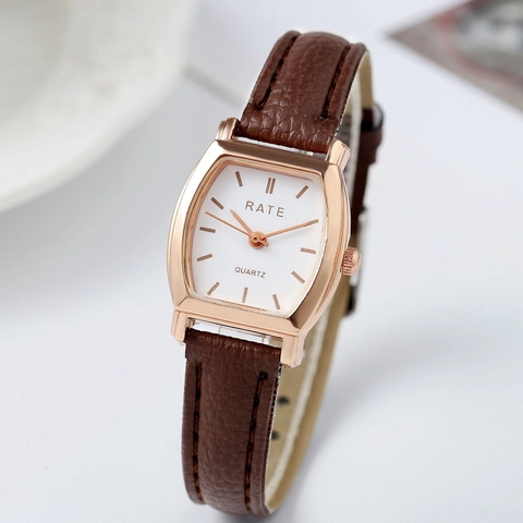 Womens Quartz Watch Simple Vintage Tonneau Alloy Case PU Leather Strap Minimalist Wristwatch For Ladies