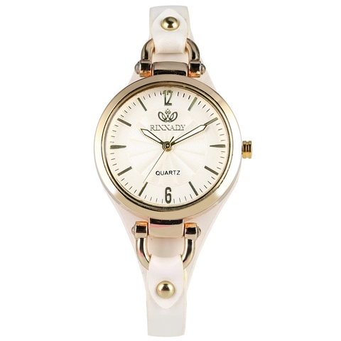 Women Quartz Watch Slim Faux Leather Strap Punk Rivet Decoration Alloy Gold Case Sunburst Dial Casual Wristwatch
