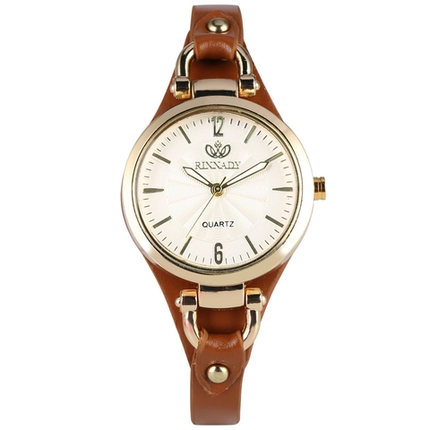Women Quartz Watch Slim Faux Leather Strap Punk Rivet Decoration Alloy Gold Case Sunburst Dial Casual Wristwatch