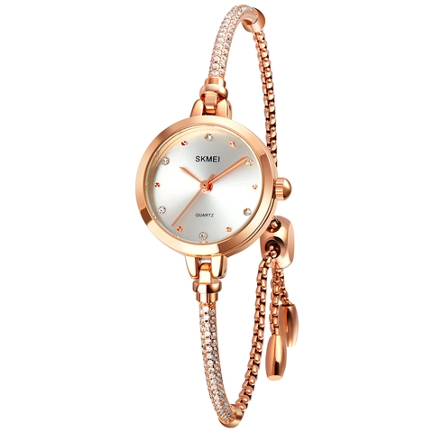 Women Quartz Watch Elegant Bracelet Style Thin Alloy Case Stainless Steel Copper Strap Rhinestone Fashion Waterproof