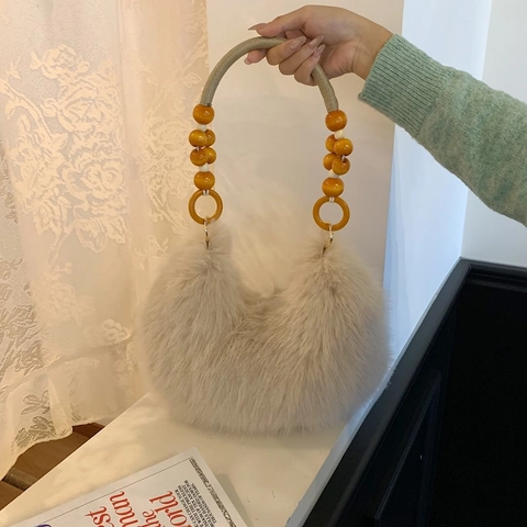 Sac À Main Peluche Forme Dumpling Perles En Bois Poignée Tissée Automne Hiver Sac Bandoulière Croissant Femmes