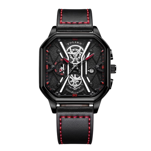 Men Quartz Watch Square Metal Case Leather Strap With Date Display Industrial Fashion Business Wristwatch
