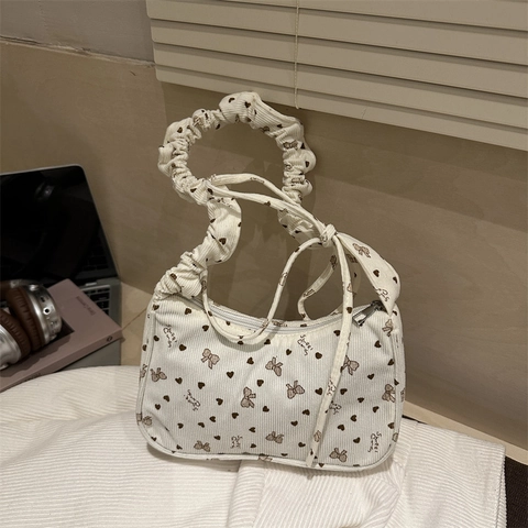 Borsa Sottobraccio In Velluto A Coste Da Donna Con Stampa Cuore Fiocco Manico Arricciato Borsa A Spalla Mezzaluna