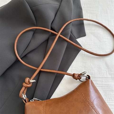 Minimalist PU Leather Underarm Shoulder Bag Retro Solid Color Hobo Bag With Knotted Strap Detail For Women Daily Commute
