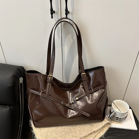 Große Kapazität Tote Bag PU Leder Vintage Pendler Schultertasche Mit Dekorativer Gürtelschnalle Retro Minimalismus Damen