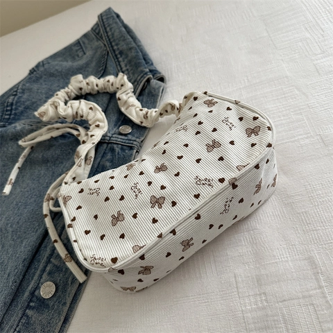 Borsa Sottobraccio In Velluto A Coste Da Donna Con Stampa Cuore Fiocco Manico Arricciato Borsa A Spalla Mezzaluna