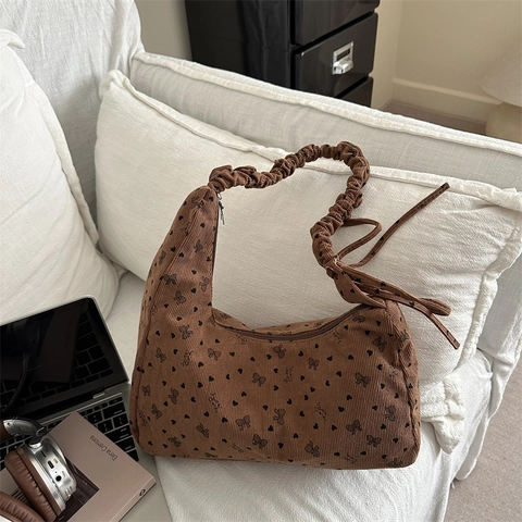 Sac À Épaule En Velours Côtelé Vintage Avec Imprimé Cœur Nœud Bandoulière Froncée Pour Femmes Décontracté