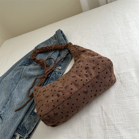 Sac À Épaule En Velours Côtelé Vintage Avec Imprimé Cœur Nœud Bandoulière Froncée Pour Femmes Décontracté