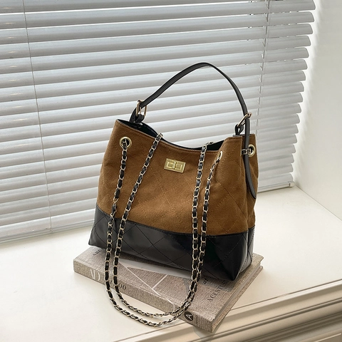 Dames Retro Gewatteerde Schoudertas Ketting PU Leer Suède Color Block Tote Crossbody Tas Gouden Slot Veelzijdig Elegant