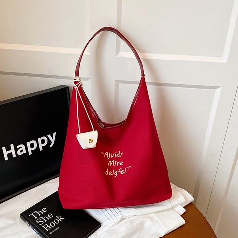 Borsa Tote In Tela Da Donna Grande Capacità Ricamo Lettere Borsa A Spalla Versatile Casual Pendolare Sotto Ascella