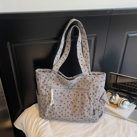 Large Capacity Corduroy Tote Bag Heart Bow Print Shoulder Bag Vintage Commuter Handbag For Women