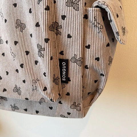 Large Capacity Corduroy Tote Bag Heart Bow Print Shoulder Bag Vintage Commuter Handbag For Women