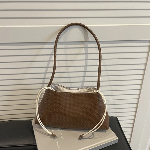 Damen Gewebte PU Leder Unterarmtasche Retro Einzelschultertasche Kordelzug Magnetverschluss Pendler Tasche Baguette Bag