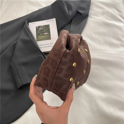 Pochette Donna Velluto Stampa Leopardata Borchie Dorate Nuvola Plissettata Busta Borsa Da Sera Street Style Design