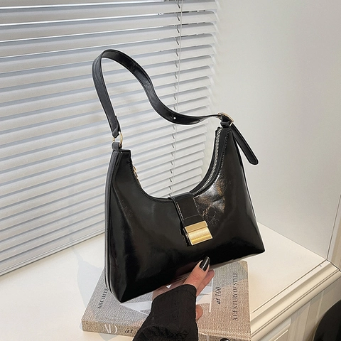 Unterarmtasche Glänzendes PU Leder Retro Schulter Hobo Tasche Gold Schnalle Minimalistisch Elegant Für Damen