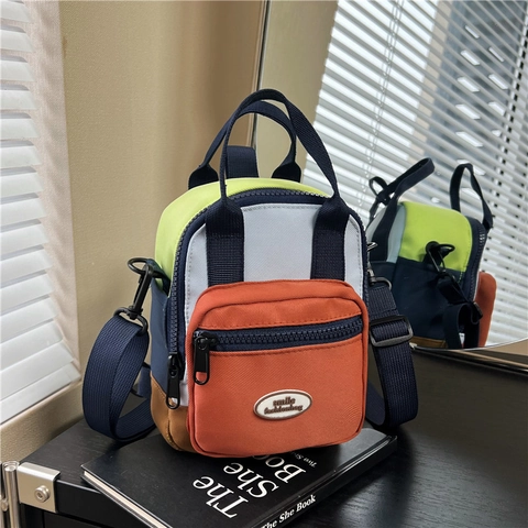 Mini Bolso Bandolera Nylon Bloque De Color Múltiples Bolsillos Mochila Pequeña Linda Mujeres Compras Diarias