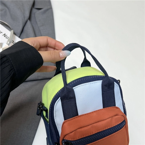 Mini Bolso Bandolera Nylon Bloque De Color Múltiples Bolsillos Mochila Pequeña Linda Mujeres Compras Diarias