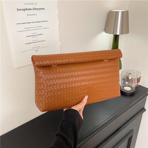 Pochette Da Donna In Pelle PU Intrecciata Grande Capacità Borsa A Busta Pieghevole Moda Street Style Con Chiusura Magnetica