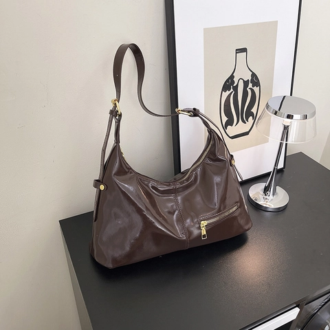 Bolso Hobo Para Mujer Cuero PU Brillante Retro Gran Capacidad Bolso De Hombro Correa Ajustable Cremallera Dorada
