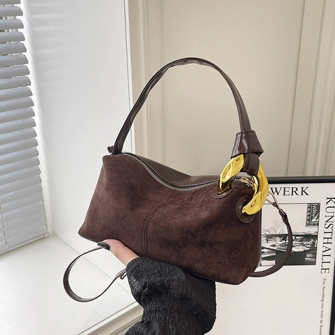 Wildleder Patchwork Schultertasche Damen Retro Boston Kissen Umhängetasche Gold Metallring Dekoration Verstellbarer Riemen