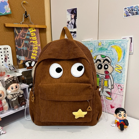 Corduroy Backpack Big Eyes Design For School Students Korean Style Large Capacity Cute Travel Daypack For Kids Teens
