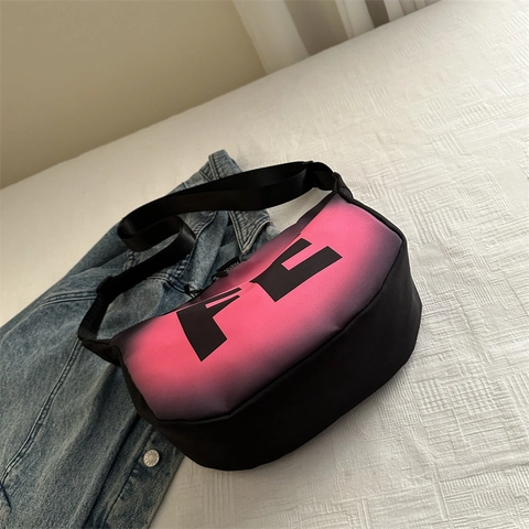 Women Gradient Color Crossbody Bag FE Letter Print Synthetic Nylon Shoulder Dumpling Bag Adjustable Strap Casual Style