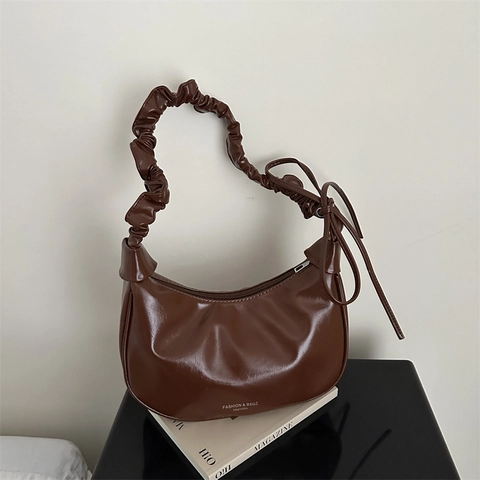 Bolso Hobo de Media Luna Vintage para Mujer Con Asa Plisada Decoración de Lazo Color Sólido Bolso de Hombro de Cuero PU