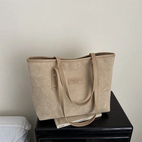 Women Corduroy Tote Bag Large Capacity Casual Shoulder Bag Vintage Solid Color Contrast Leather Handle Commuter Handbag