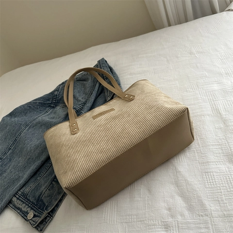 Borsa Tote In Velluto A Coste Grande Capacità Righe Tracolla In Pelle PU Cerniera Borsa A Mano Retro Per Donna