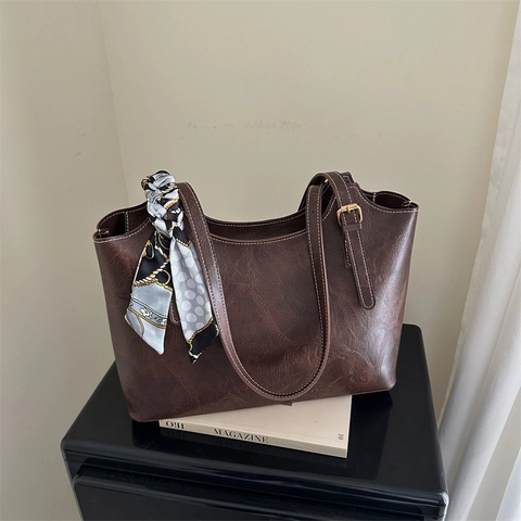 Vintage PU Leather Tote Bag Large Capacity Shoulder Handbag With Decorative Satin Scarf Contrast Stitching For Women