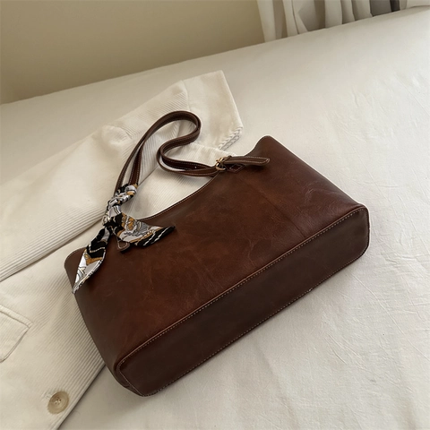 Vintage PU Leather Tote Bag Large Capacity Shoulder Handbag With Decorative Satin Scarf Contrast Stitching For Women