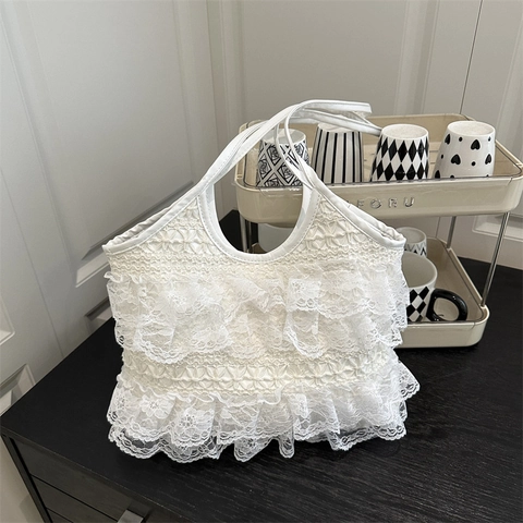 Süße Weiße Spitzen Tote Bag Mit Mehrlagigen Rüschen Elegante Sommer Strand Schultertasche Große Kapazität