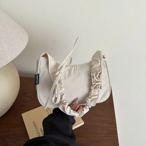 Borsa A Spalla Nylon Donna Sottobraccio Hobo Tracolla Arricciata Fiocco Stile Coreano Versatile Mezzaluna