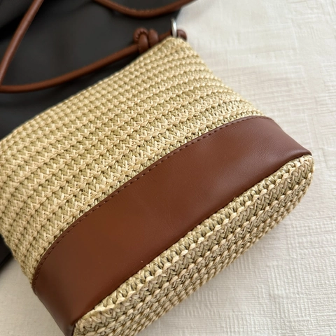 Gewebte Stroh Eimertasche PU Leder Patchwork Reißverschluss Schulter Umhängetasche Sommerurlaub Lässige Handtasche Damen