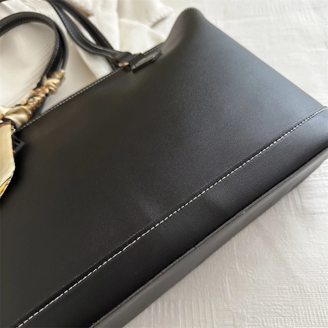 Women Large Capacity Tote Bag PU Leather Retro Contrast Stitching With Decorative Satin Scarf Shoulder Handbag Fashion
