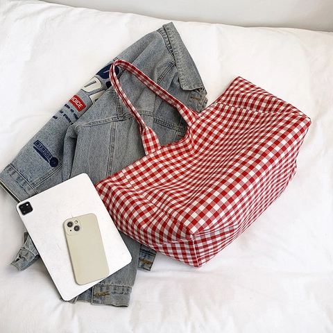 Grote Canvas Gingham Draagtas Open Bovenkant Ruitjespatroon Casual Schoudertas Voor Dames Dagelijks Winkelen Reizen