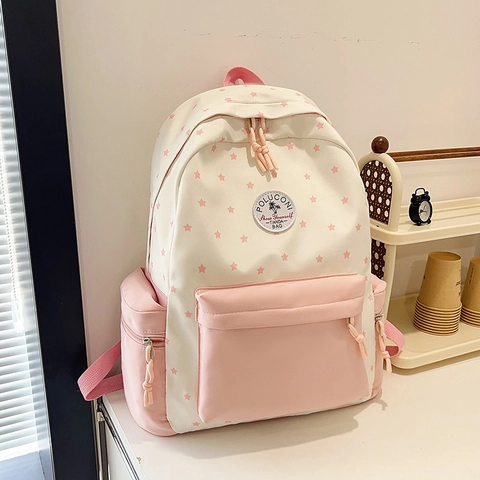 Zaino Studente Nylon Borsa Scuola Con Stampa Stelle Patchwork Leggero Grande Capacità Per Ragazze Adolescenti Stile Giapponese