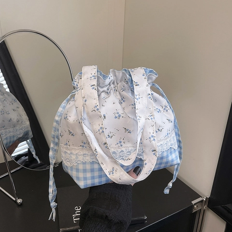 Florale Karierte Eimer Schultertasche Nylon Spitzenbesatz Koreanischer Stil Student Täglich Kordelzug Leichte Handtasche Für Damen