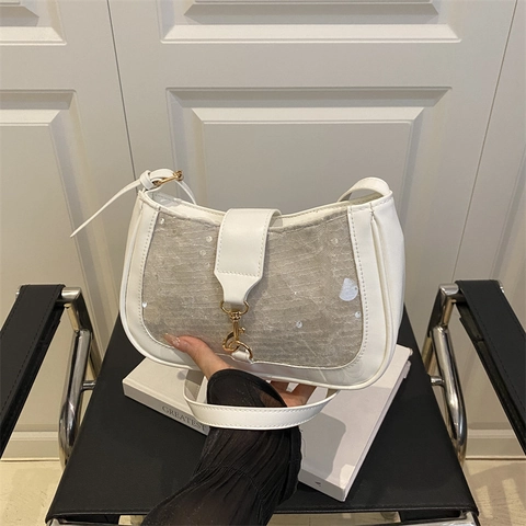 Women Sequin Underarm Bag Chic Nylon PU Leather Shoulder Purse With Metal Hook Clasp Small Square Bag