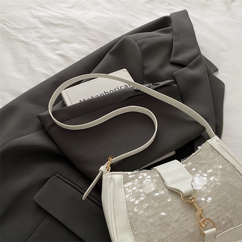 Women Sequin Underarm Bag Chic Nylon PU Leather Shoulder Purse With Metal Hook Clasp Small Square Bag